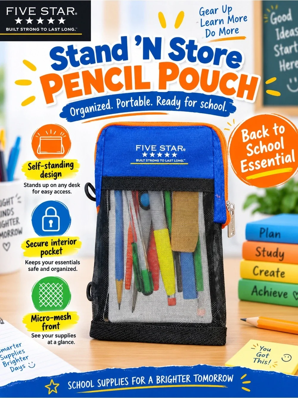 Five Star Stand 'N Store Pencil Pouch in Blue with Orange Trim